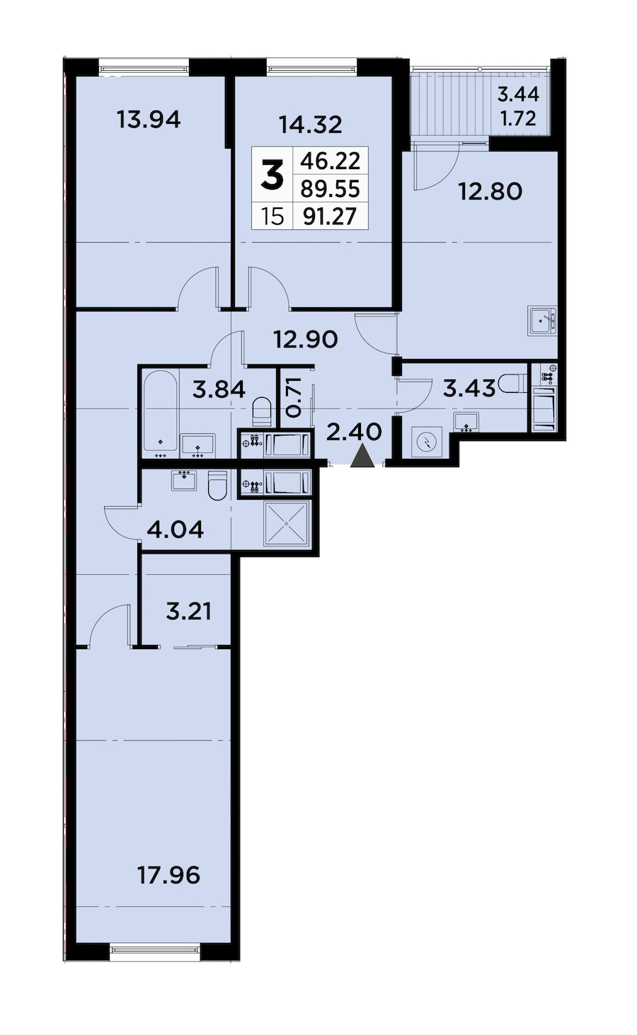 3-комнатная квартира 91.27 м², 4/14 эт., ЖК «GloraX City Zanevsky»